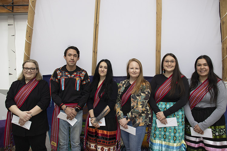 Six of the nine recipients of the Metis Scholar Awards at Portage College.