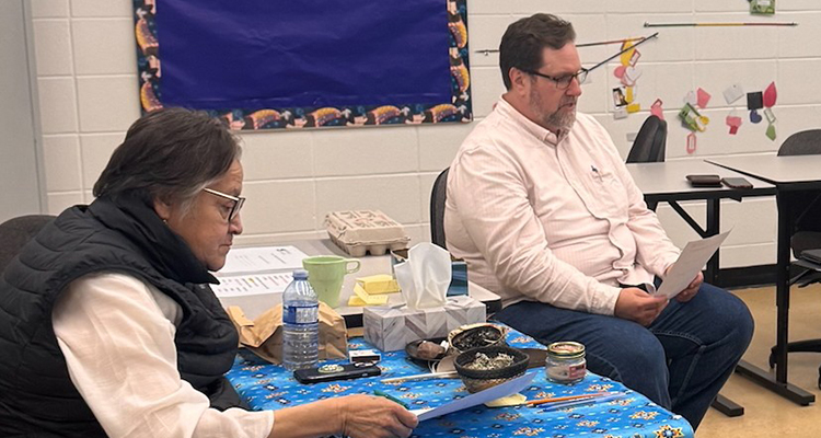 Saddle Lake Cree Nation Elder Alsena White with "Unlocking Potential" research project principal investigator and Portage College Humanities instructor Kevin Solez PhD