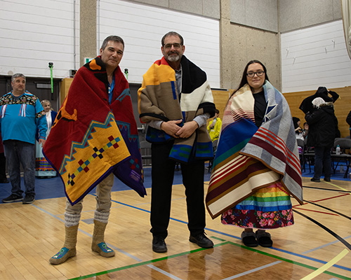 llan Robertson, Dean of the Business Department, recognized for his dedication to students and colleagues. Robert Rayko, Indigenous Cultural Facilitator, honored for his pivotal role in bringing the Round Dance to Portage College. And Kaylee Weigelt, a remarkable student leader making a significant impact on our community. Left to Right: Robert Rayko, Allan Robertson, Kaylee Weigelt 